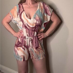 Cupshe Swirled Marbled Swim Cover Up Romper in Mauve, Cream & Aqua